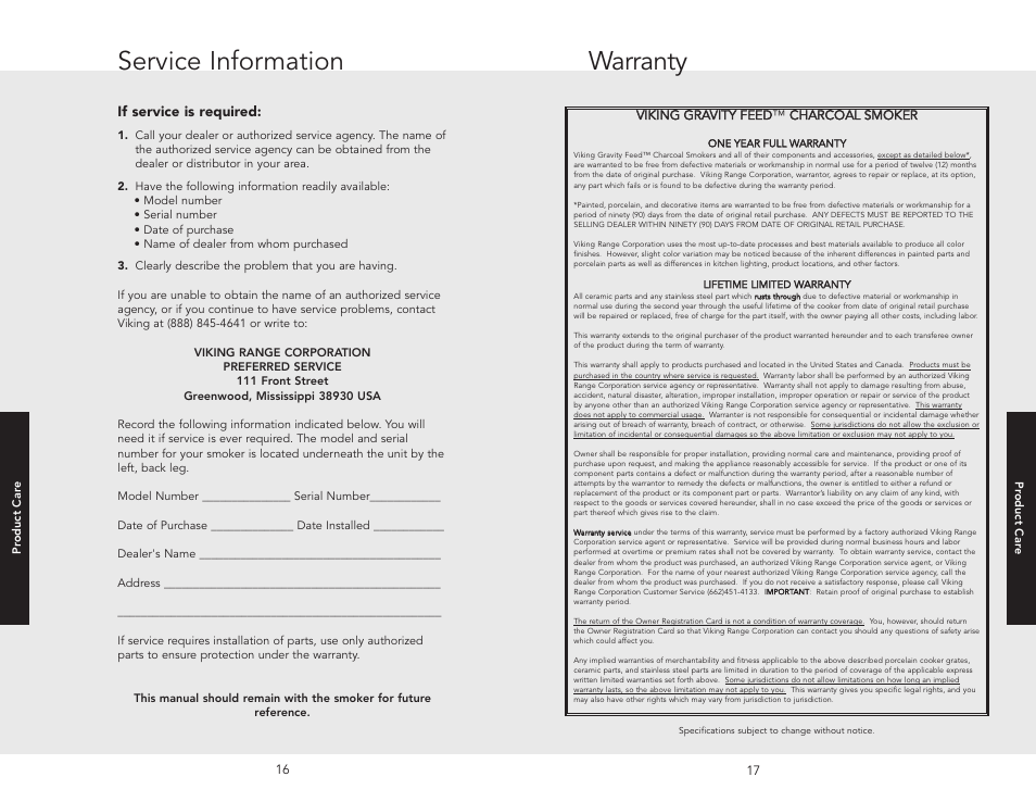 Service information, Warranty | Viking F20556 User Manual | Page 9 / 10