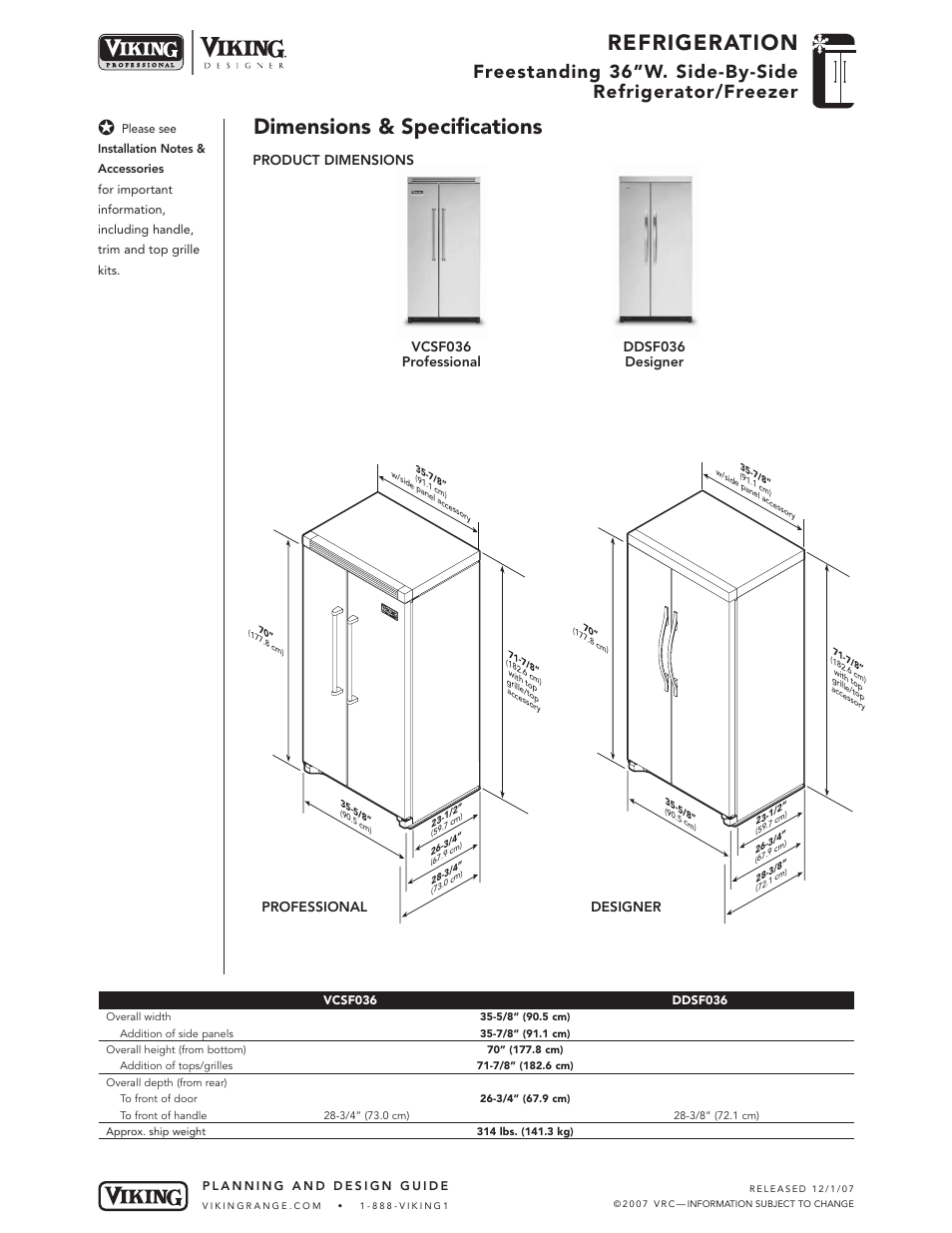 Refrigeration, Dimensions & specifications, Vcsf036 professional | Professional designer, Product dimensions ddsf036 designer | Viking VCSF036D User Manual | Page 2 / 5