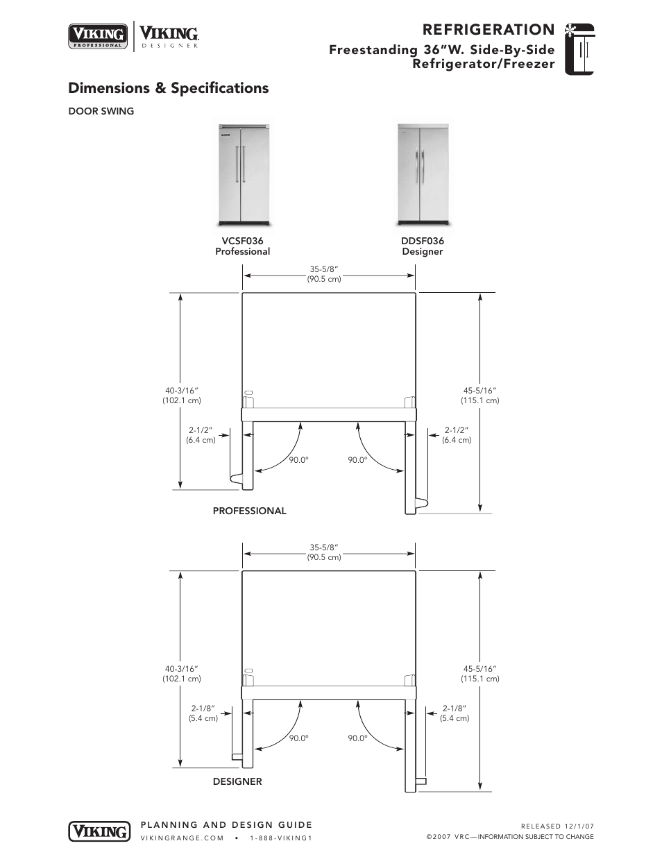 Refrigeration, Dimensions & specifications | Viking VCSF036D User Manual | Page 3 / 5