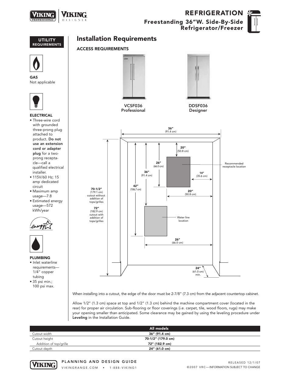 Refrigeration, Installation requirements | Viking VCSF036D User Manual | Page 4 / 5