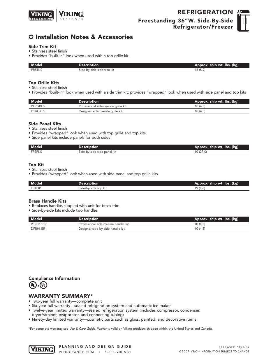 Refrigeration, Warranty summary | Viking VCSF036D User Manual | Page 5 / 5