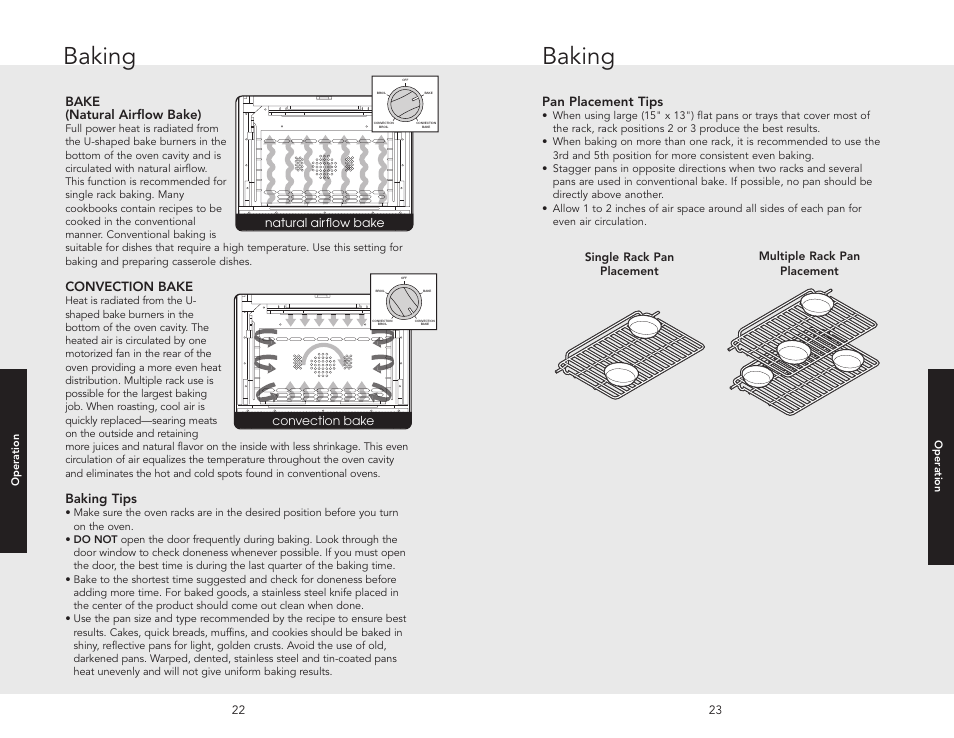 Baking, Bake (natural airflow bake), Convection bake | Baking tips, Pan placement tips | Viking F20516 User Manual | Page 12 / 20