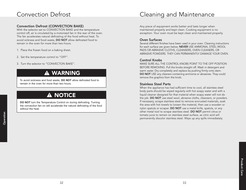 Convection defrost, Cleaning and maintenance, Warning | Notice caution | Viking F20516 User Manual | Page 17 / 20