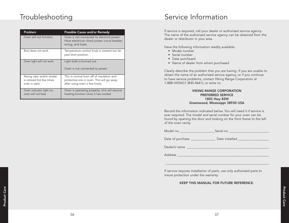 Troubleshooting, Service information | Viking F20516 User Manual | Page 19 / 20