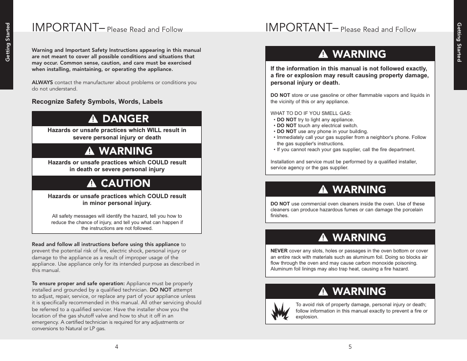 Important, Danger, Warning caution warning | Warning | Viking F20516 User Manual | Page 3 / 20