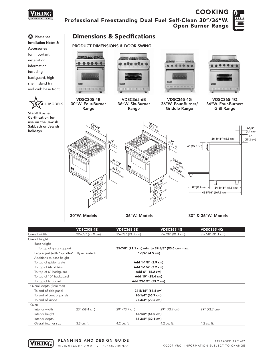 Cooking, Dimensions & specifications | Viking 30"W User Manual | Page 2 / 6