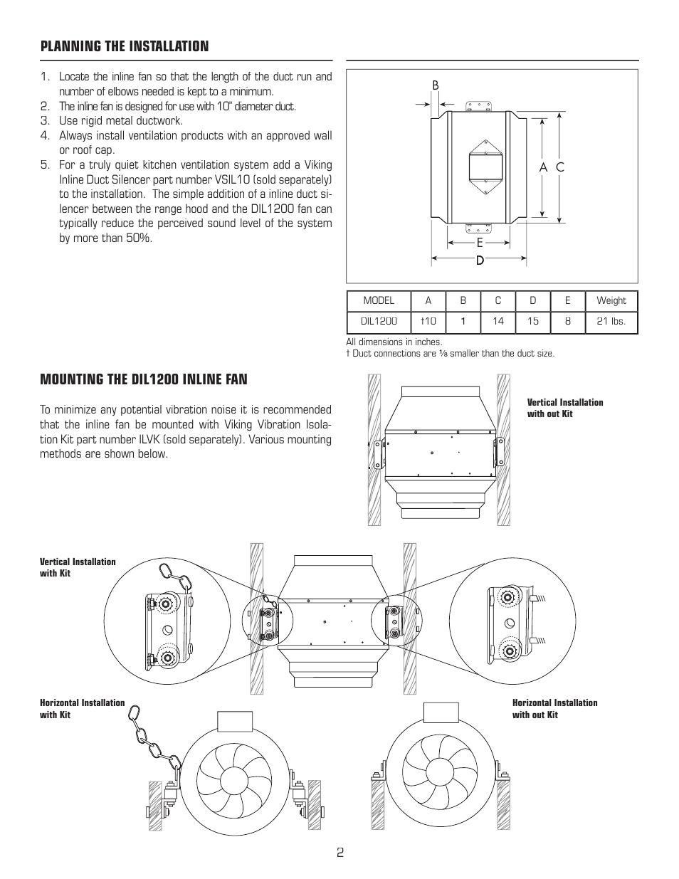 Planning the installation, Mounting the dil1200 inline fan | Viking DIL1200 User Manual | Page 2 / 4