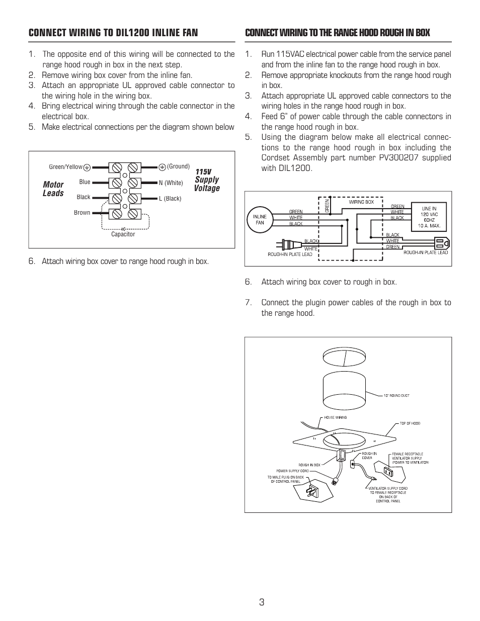 Connect wiring to dil1200 inline fan, Connect wiring to the range hood rough in box | Viking DIL1200 User Manual | Page 3 / 4