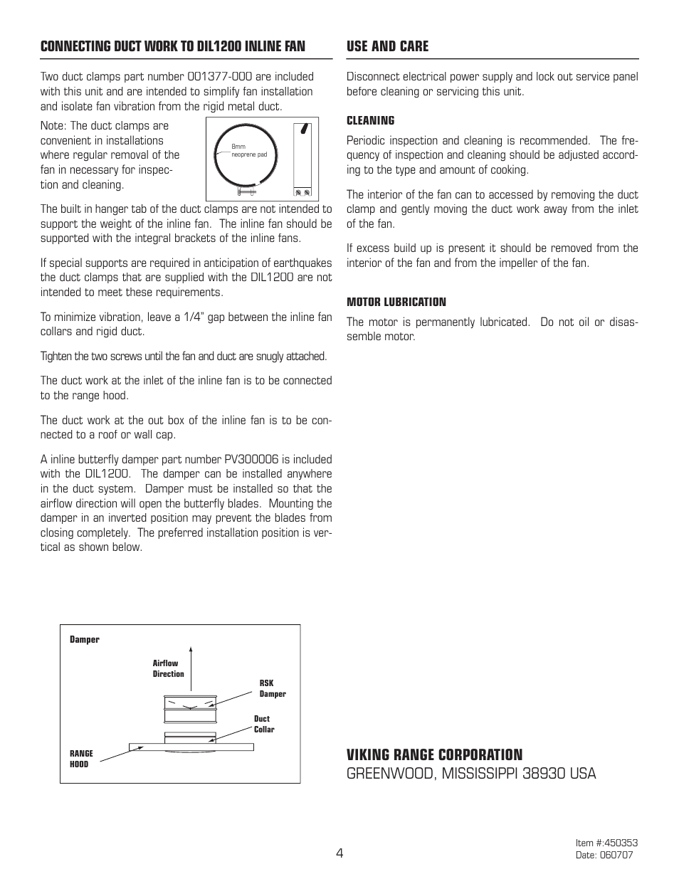 Connecting duct work to dil1200 inline fan, Use and care | Viking DIL1200 User Manual | Page 4 / 4