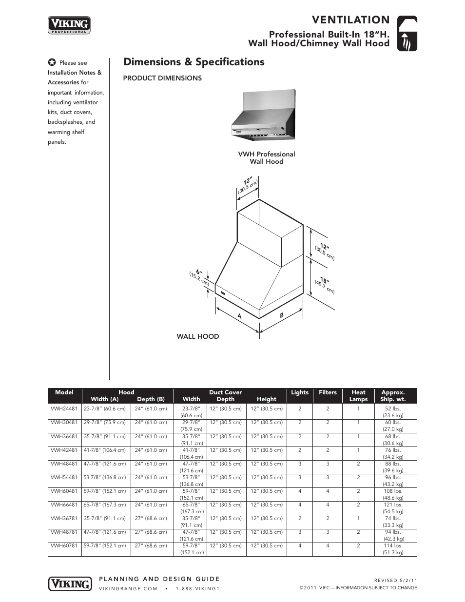 Ventilation, Dimensions & specifications | Viking VWH User Manual | Page 2 / 7