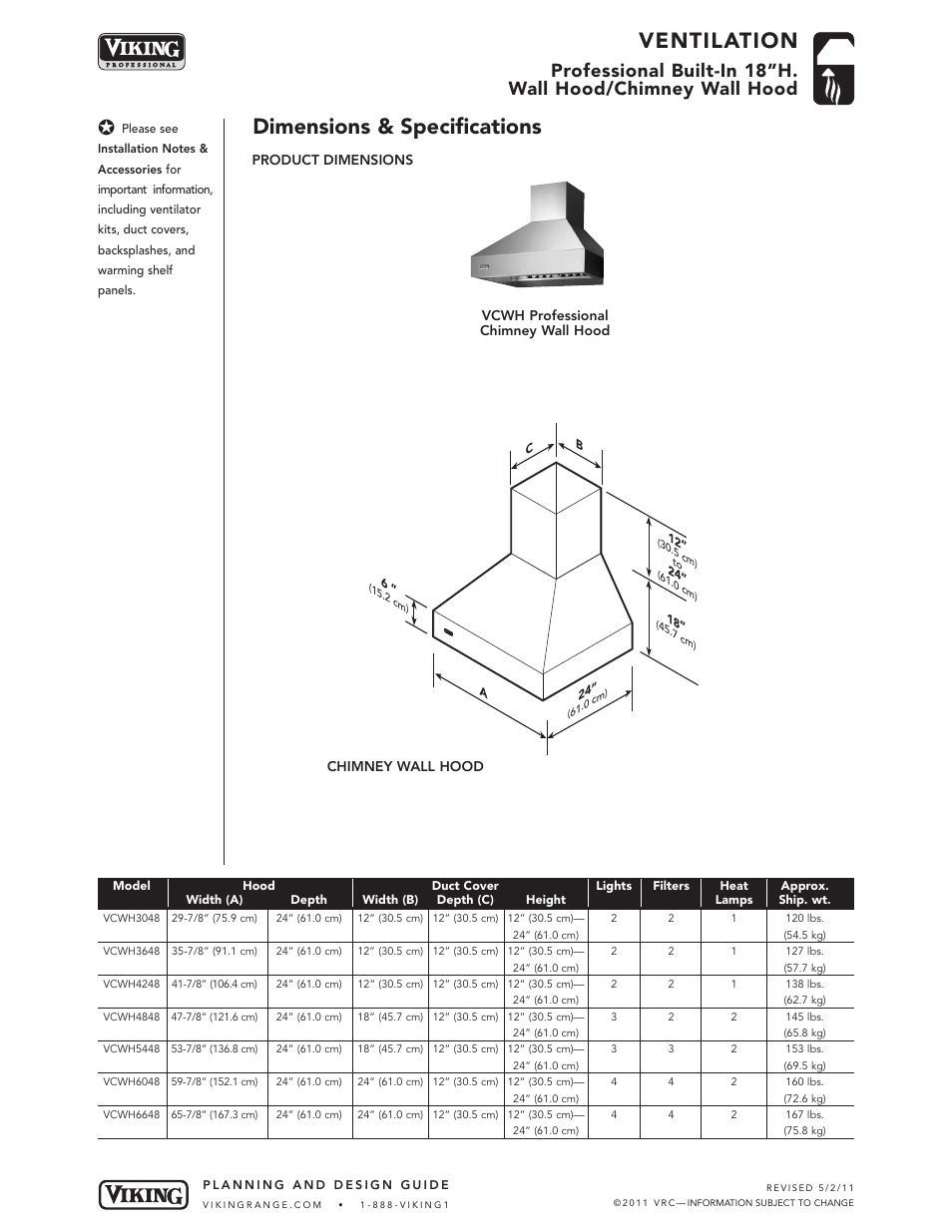 Ventilation, Dimensions & specifications | Viking VWH User Manual | Page 3 / 7