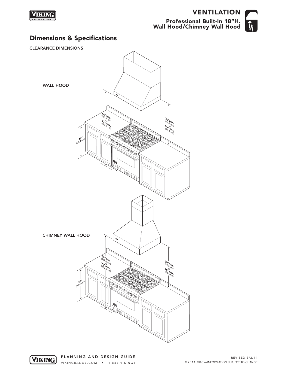 Ventilation, Dimensions & specifications, Clearance dimensions chimney wall hood wall hood | Viking VWH User Manual | Page 4 / 7