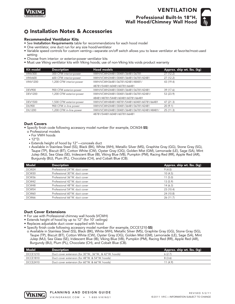Ventilation, Recommended ventilator kits, Duct covers | Duct cover extensions | Viking VWH User Manual | Page 6 / 7
