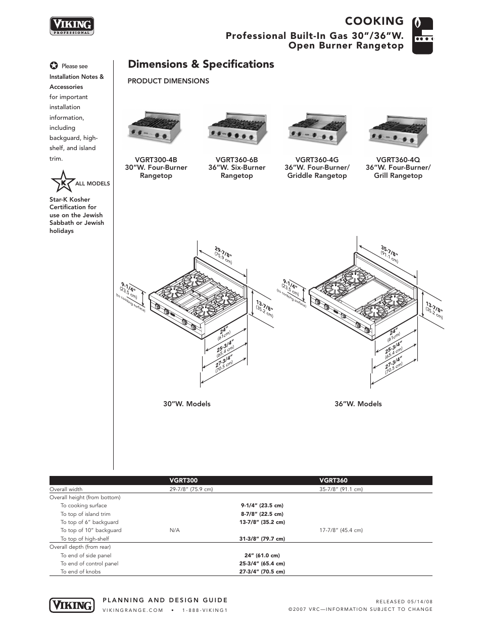 Cooking, Dimensions & specifications, Product dimensions | Viking VGRT360-6B User Manual | Page 2 / 5