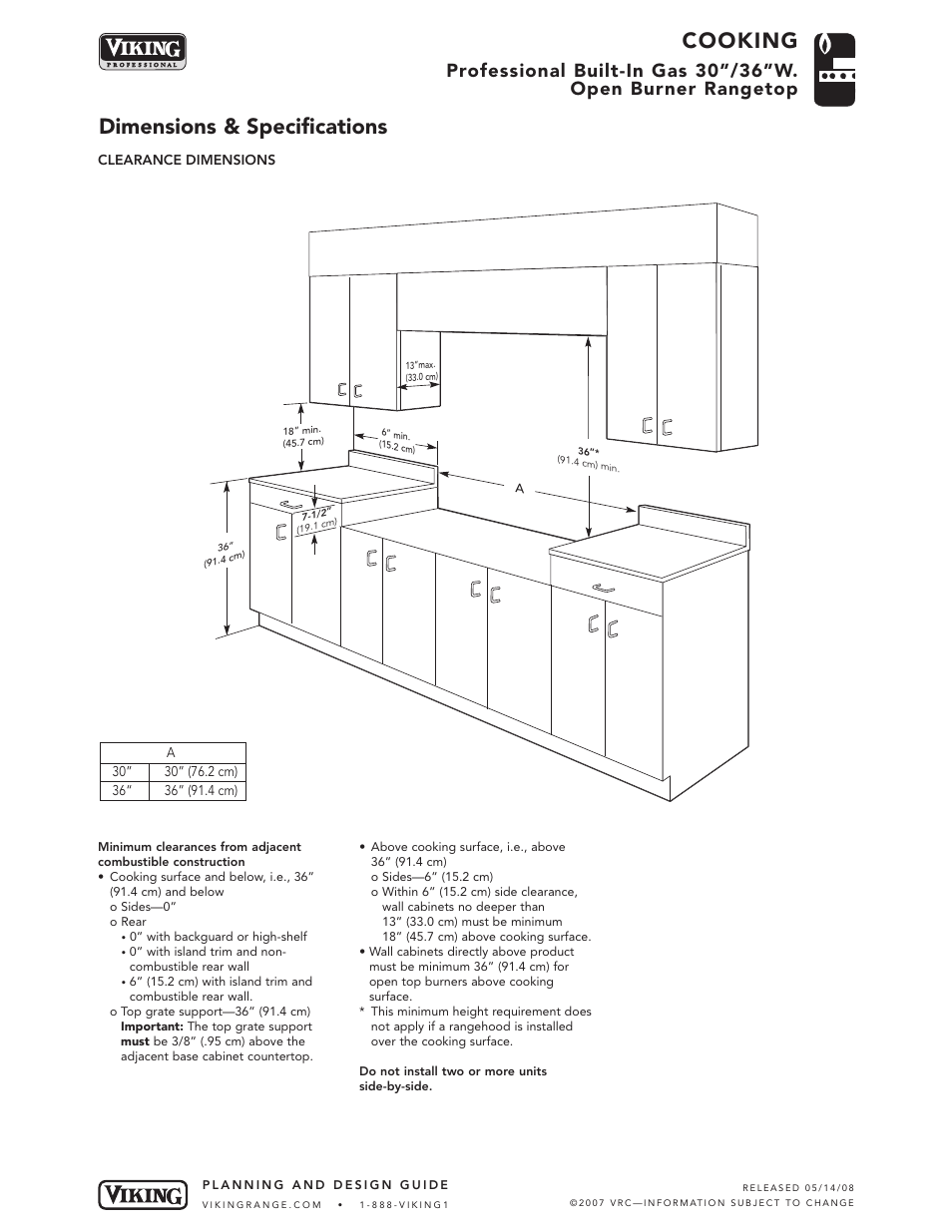 Cooking, Dimensions & specifications | Viking VGRT360-6B User Manual | Page 3 / 5