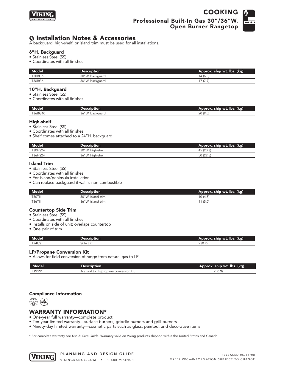 Cooking, Warranty information | Viking VGRT360-6B User Manual | Page 5 / 5