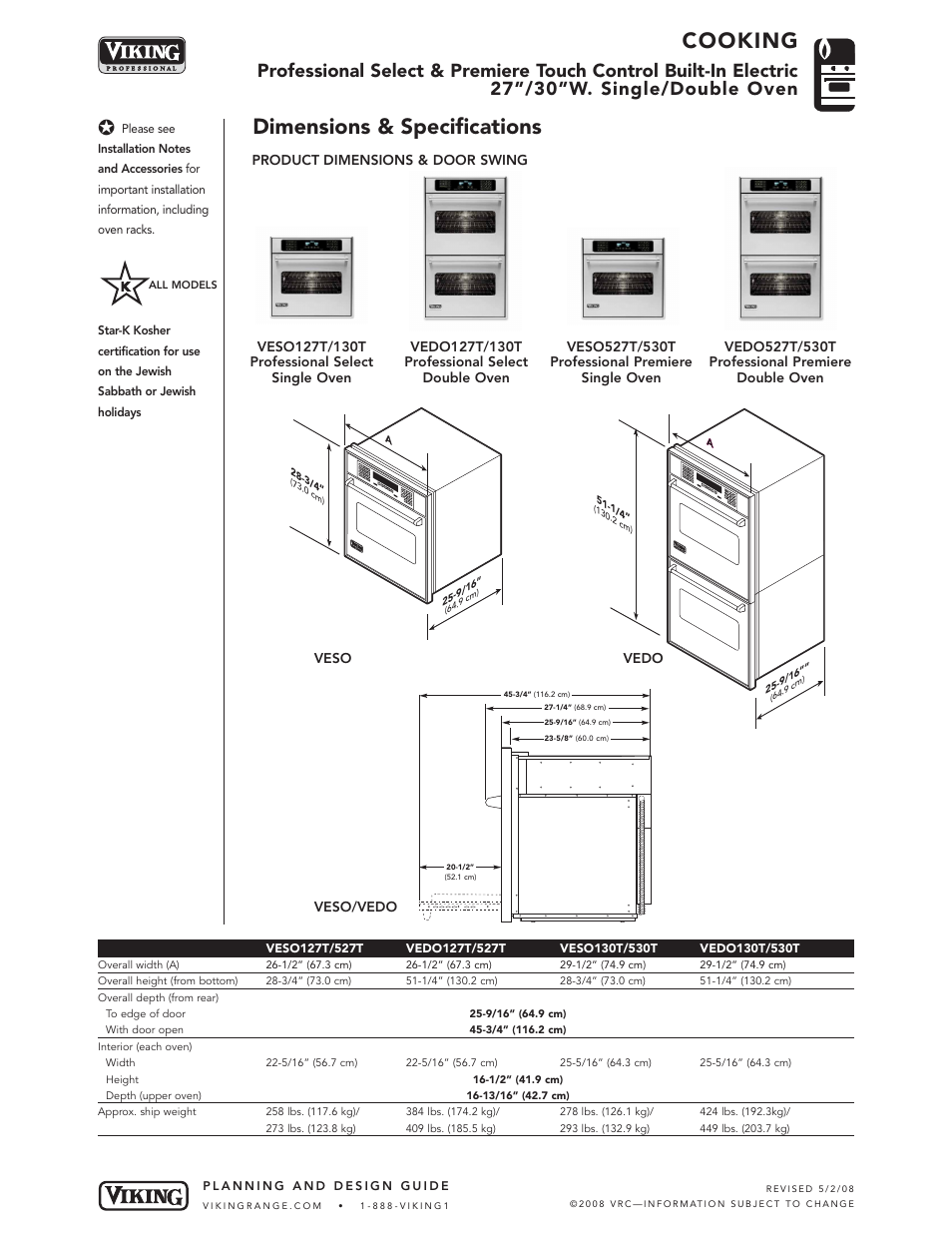 Cooking, Dimensions & specifications | Viking VES O130T User Manual | Page 3 / 6