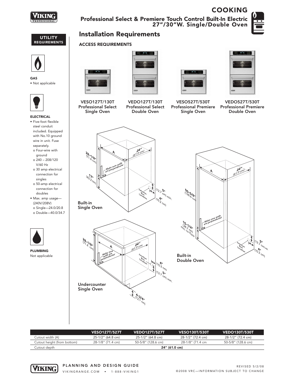 Cooking, Installation requirements, Utility | Viking VES O130T User Manual | Page 4 / 6