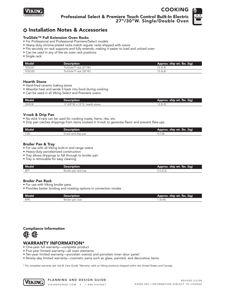 Cooking, Warranty information | Viking VES O130T User Manual | Page 5 / 6