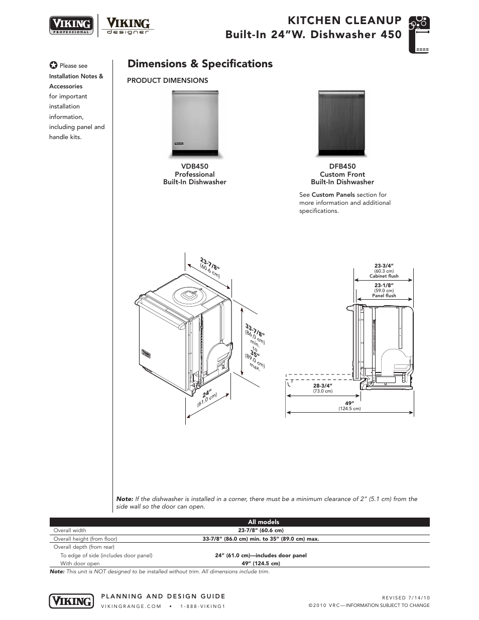 Dimensions & specifications | Viking DFB450 User Manual | Page 2 / 5