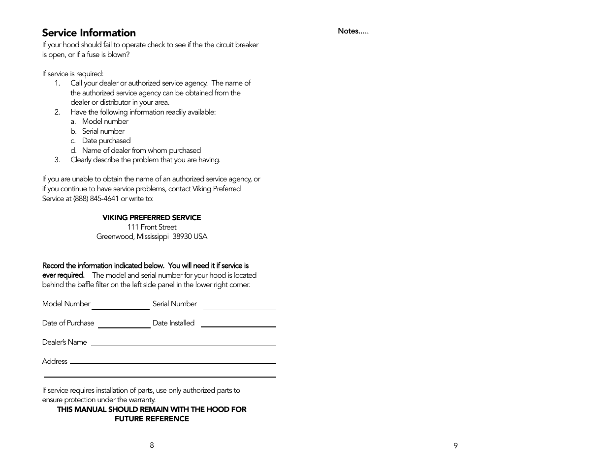 Service information | Viking F1570J User Manual | Page 5 / 6