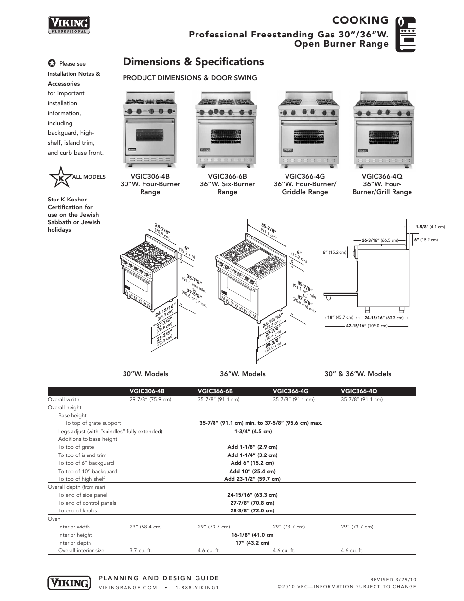 Cooking, Dimensions & specifications, Product dimensions & door swing | Viking VGIC366-6B User Manual | Page 2 / 6