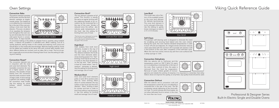 Viking quick reference guide, Oven settings, Convection bake | Convection roast, Convection broil, High-broil, Medium-broil, Low-broil, Self-clean, Convection dehydrate | Viking TruConvec F50031 User Manual | Page 2 / 2