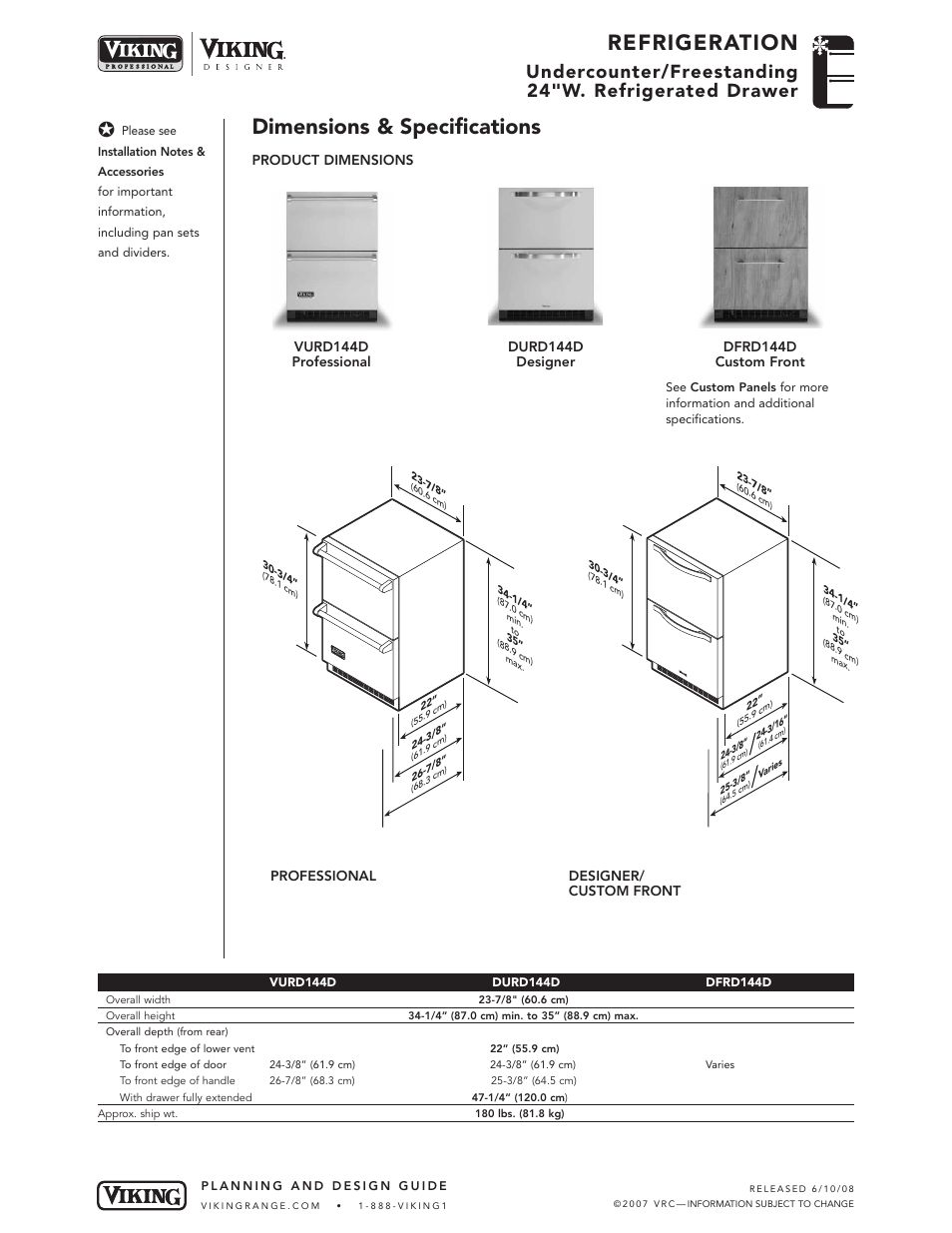 Refrigeration, Dimensions & specifications | Viking VURD144D User Manual | Page 2 / 5