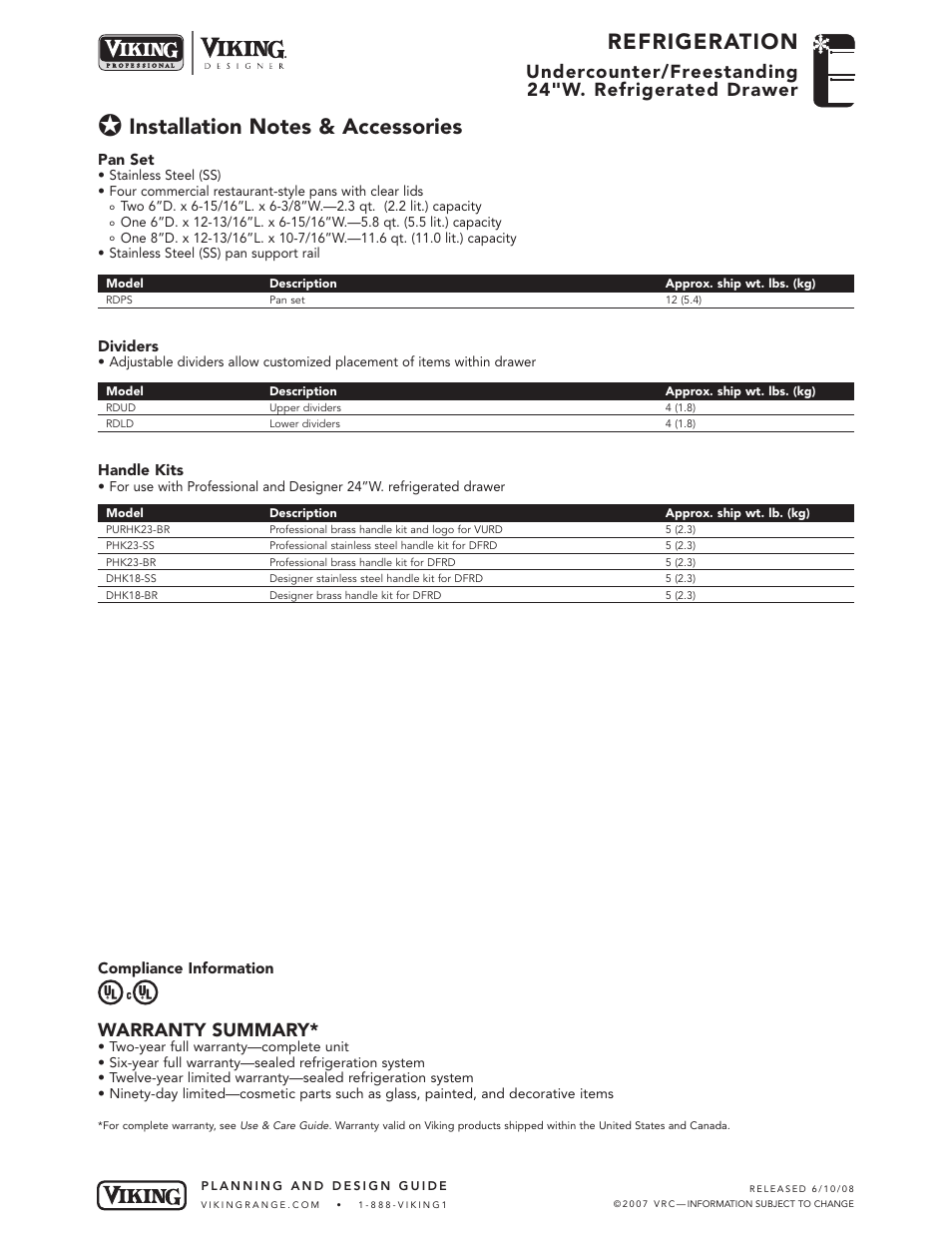 Refrigeration, Warranty summary | Viking VURD144D User Manual | Page 5 / 5