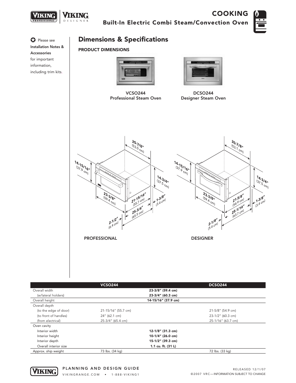 Dimensions & specifications, Cooking, Built-in electric combi steam/convection oven | Viking DCSO244* User Manual | Page 2 / 4