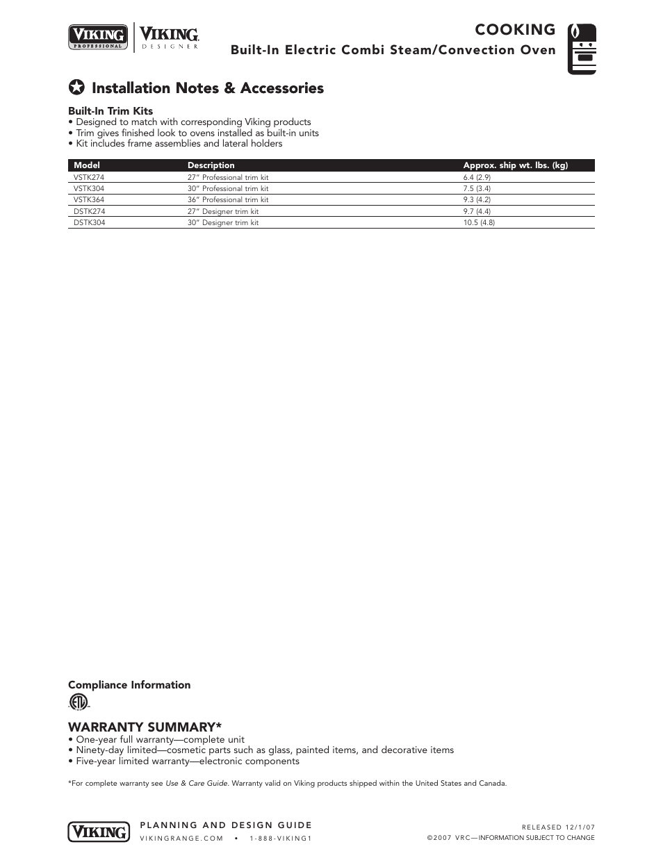 Cooking, Warranty summary, Built-in electric combi steam/convection oven | Viking DCSO244* User Manual | Page 4 / 4