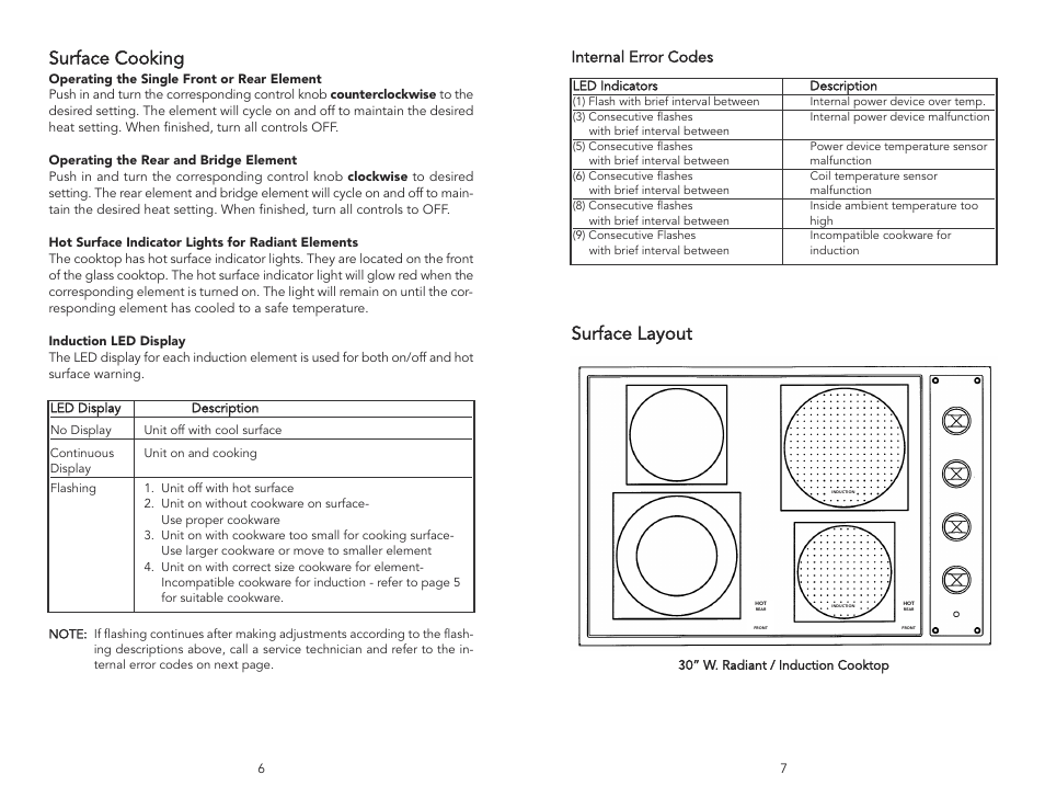 Surface layout, Surface cooking, Internal error codes | Viking F20111C User Manual | Page 4 / 8