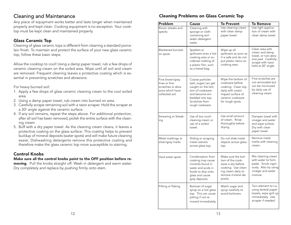 Cleaning and maintenance, Cleaning problems on glass ceramic top, Glass ceramic top | Control knobs | Viking F20111C User Manual | Page 7 / 8