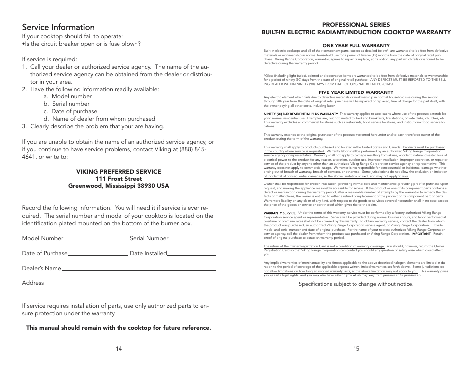 Service information | Viking F20111C User Manual | Page 8 / 8