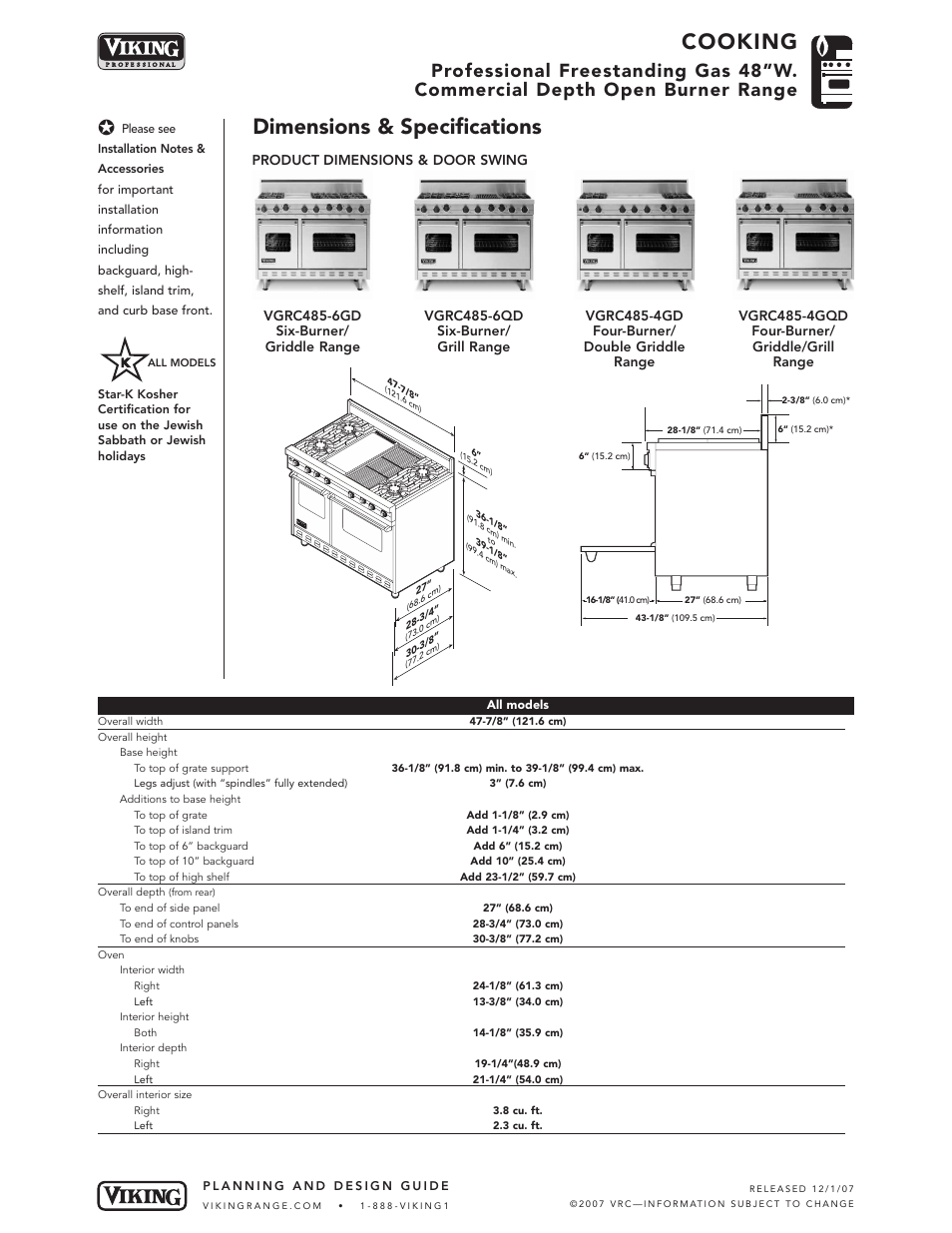 Cooking, Dimensions & specifications | Viking VGRC485-6GD* User Manual | Page 2 / 6