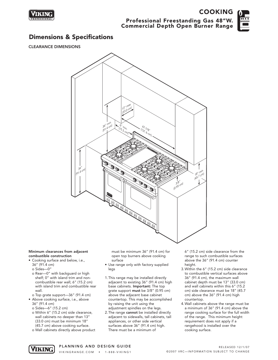 Cooking, Dimensions & specifications | Viking VGRC485-6GD* User Manual | Page 3 / 6