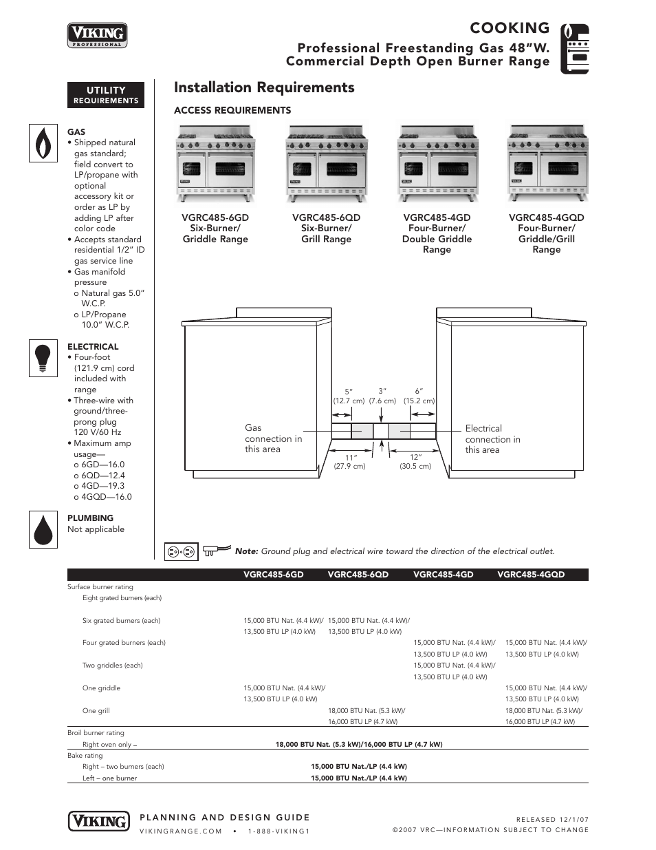 Cooking, Installation requirements | Viking VGRC485-6GD* User Manual | Page 4 / 6