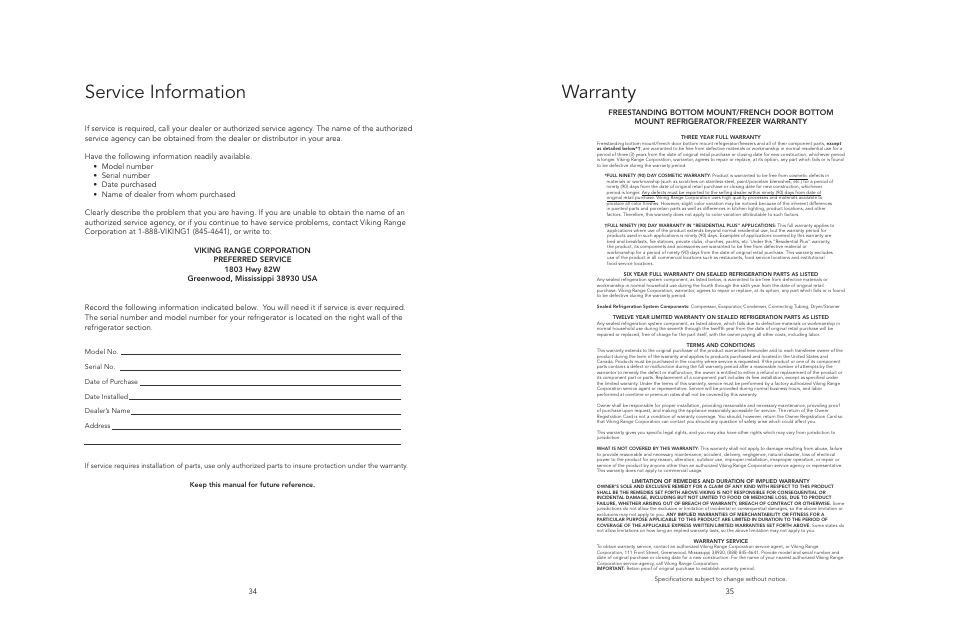 Service information warranty | Viking F20394E EN User Manual | Page 18 / 18