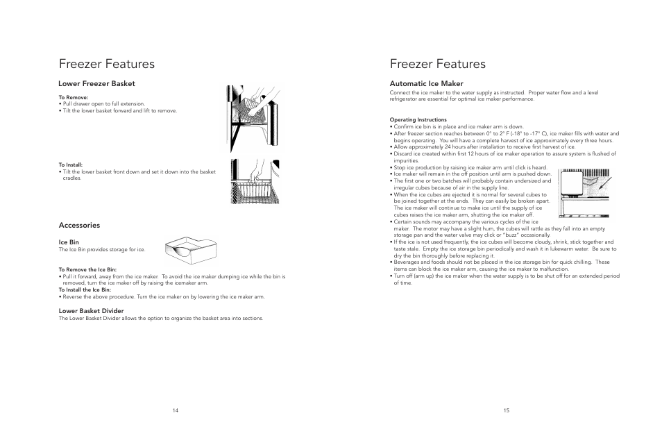 Freezer features, Accessories, Lower freezer basket | Automatic ice maker | Viking F20394E EN User Manual | Page 8 / 18