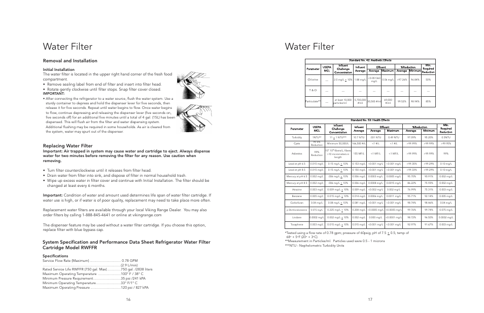 Water filter, Removal and installation, Replacing water filter | Specifications | Viking F20394E EN User Manual | Page 9 / 18