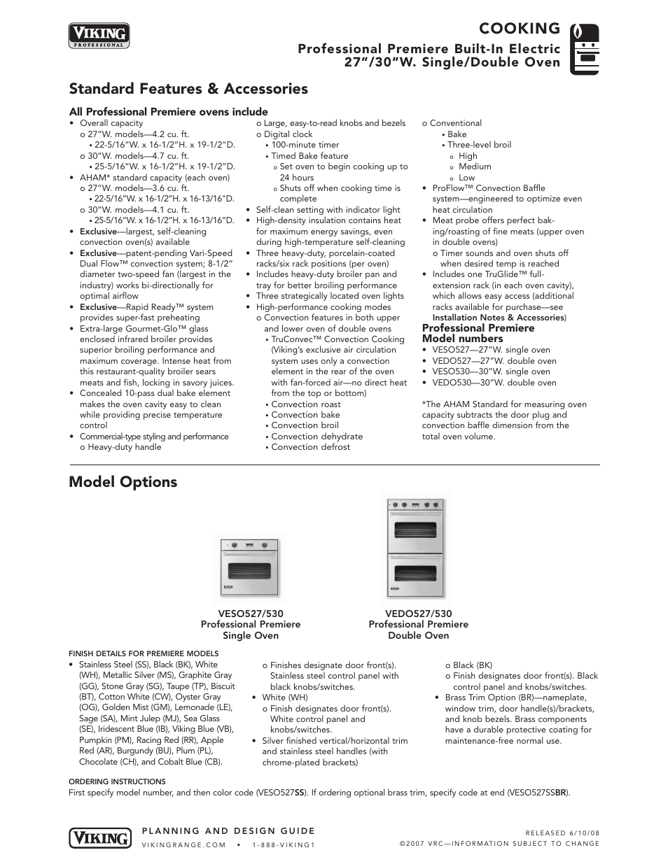 Standard features & accessories cooking, Model options | Viking VEDO130 User Manual | Page 2 / 5