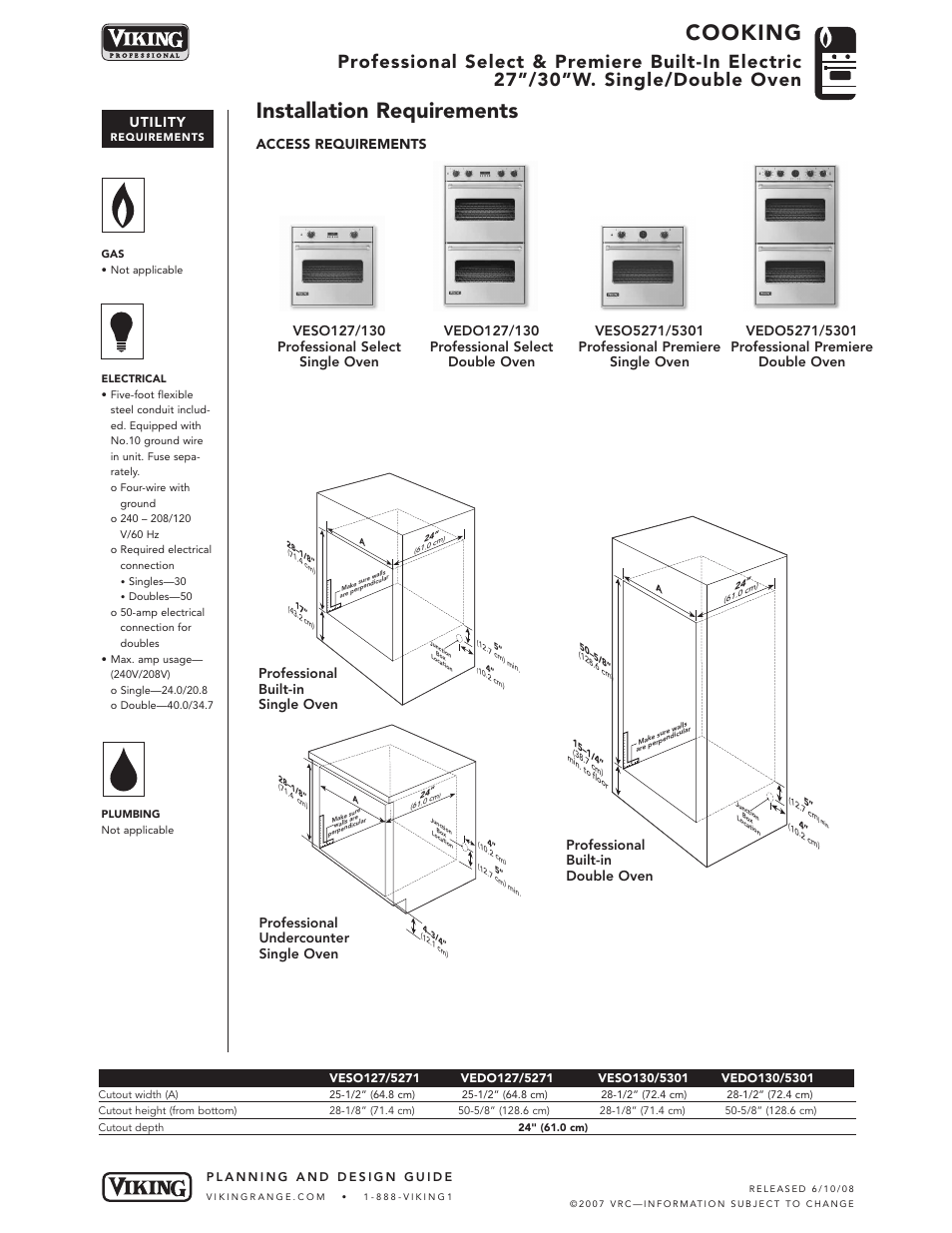 Cooking, Installation requirements, Utility | Viking VEDO130 User Manual | Page 4 / 5