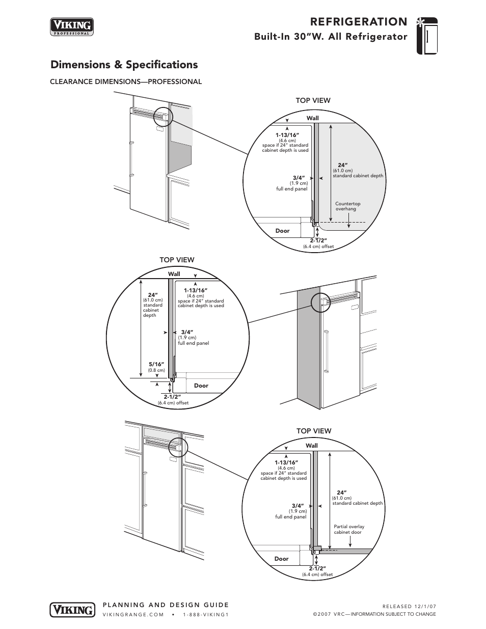Refrigeration, Dimensions & specifications, Built-in 30”w. all refrigerator | Viking DDRB304 User Manual | Page 4 / 9