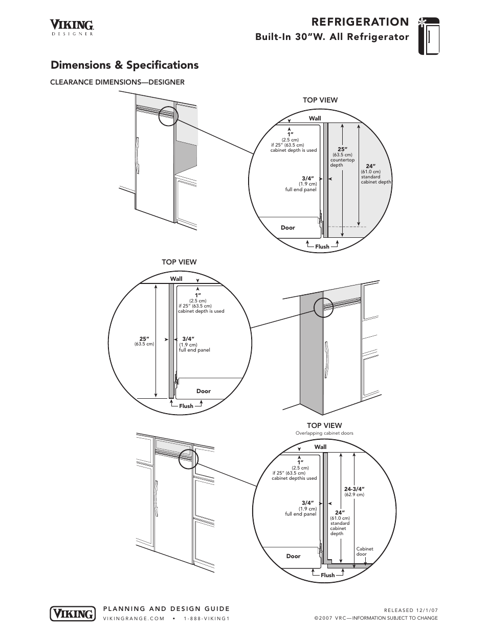 Refrigeration, Dimensions & specifications, Built-in 30”w. all refrigerator | Viking DDRB304 User Manual | Page 5 / 9