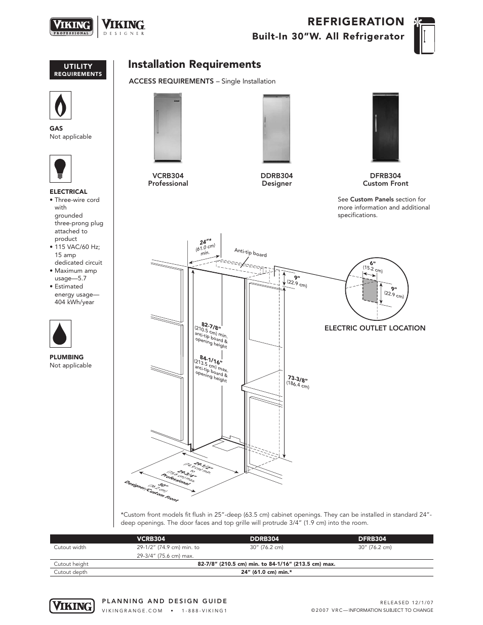 Refrigeration, Installation requirements, Built-in 30”w. all refrigerator | Viking DDRB304 User Manual | Page 6 / 9