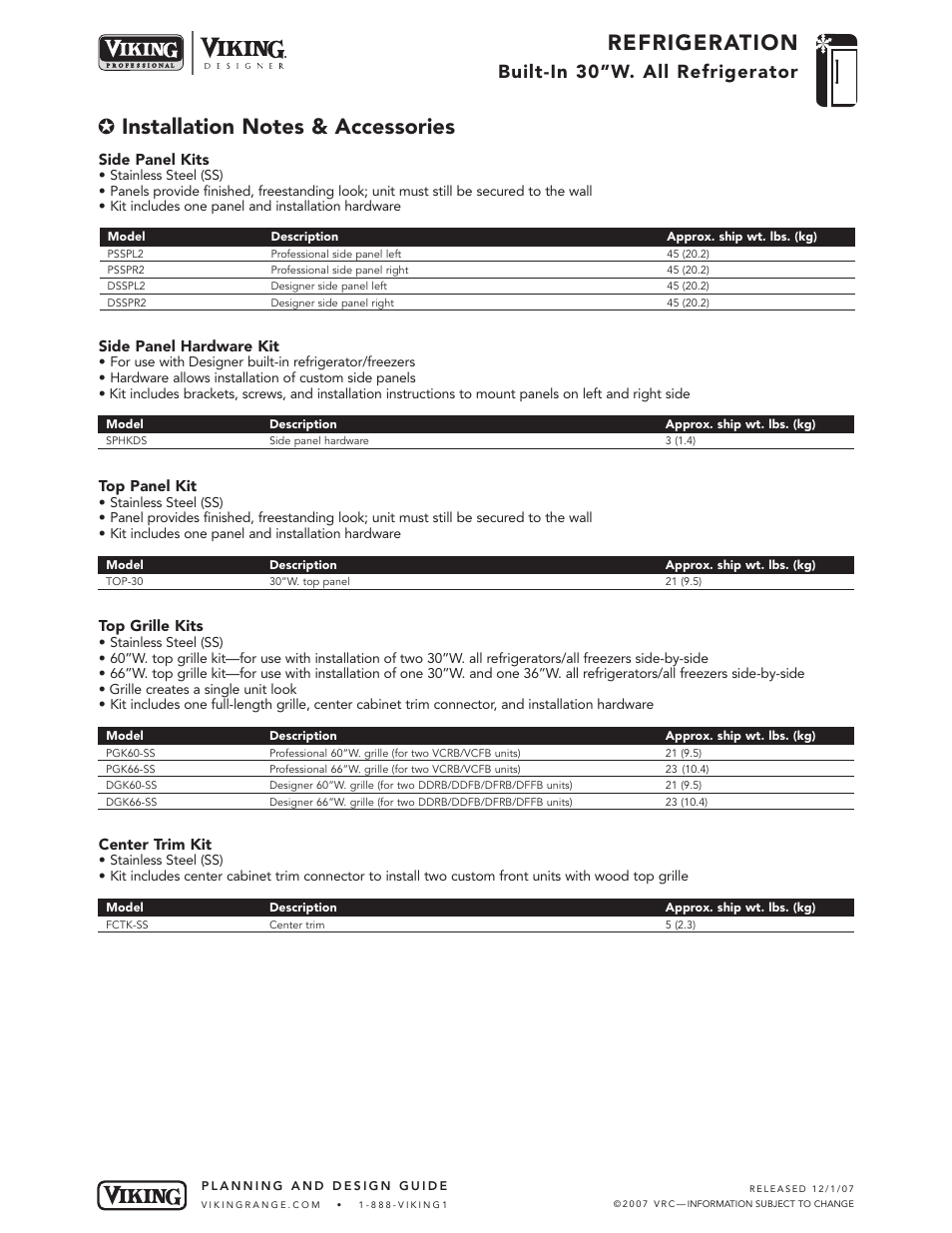 Refrigeration, Built-in 30”w. all refrigerator | Viking DDRB304 User Manual | Page 8 / 9