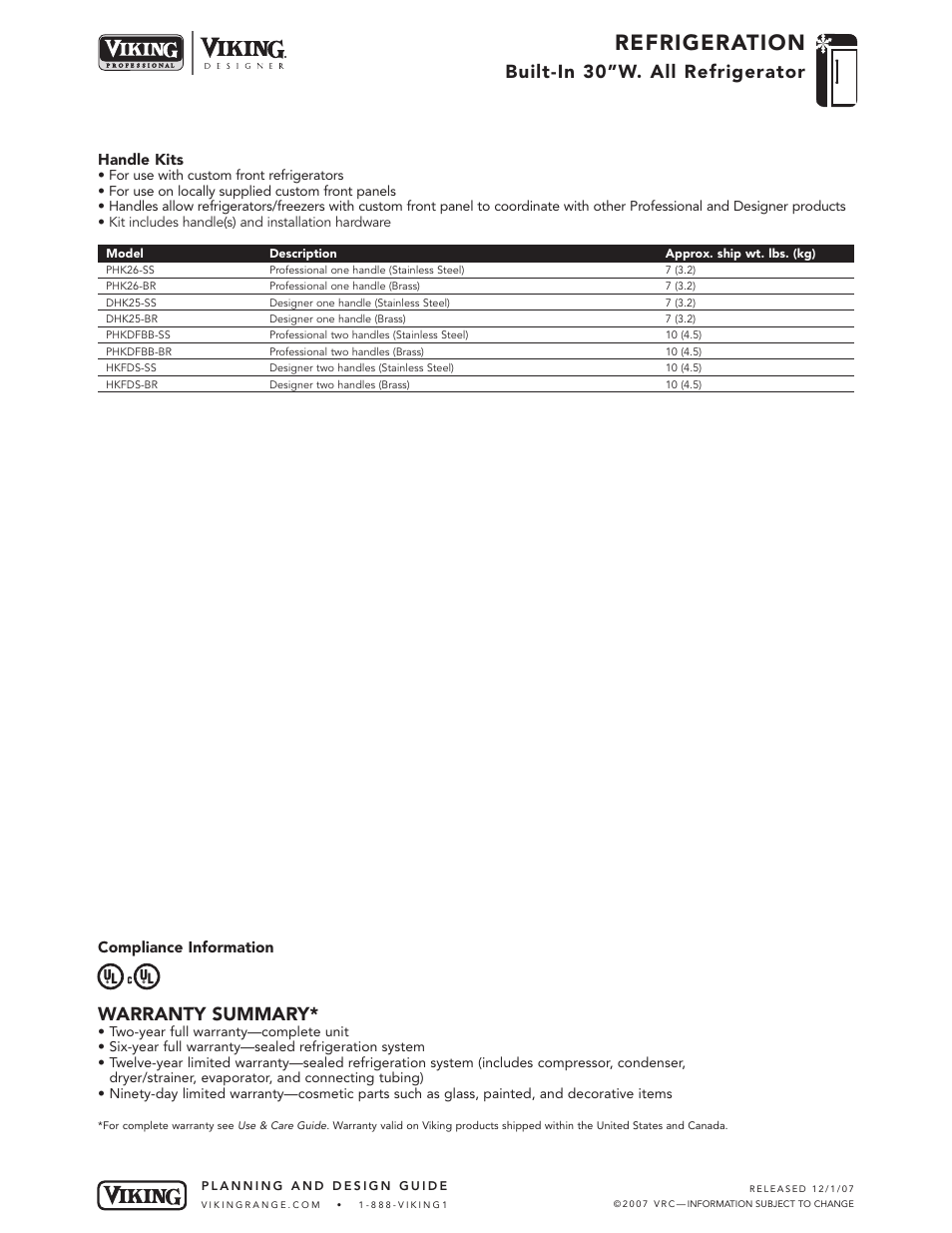 Refrigeration, Built-in 30”w. all refrigerator, Warranty summary | Handle kits, Compliance information | Viking DDRB304 User Manual | Page 9 / 9