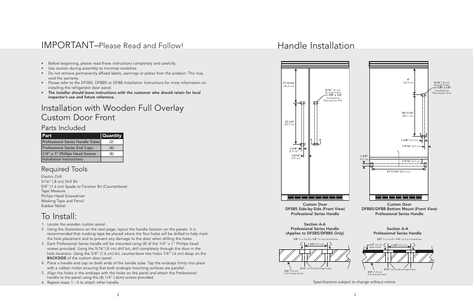 Important, Handle installation, Please read and follow | Parts included, Required tools, Part quantity | Viking PHKDFBB User Manual | Page 2 / 2