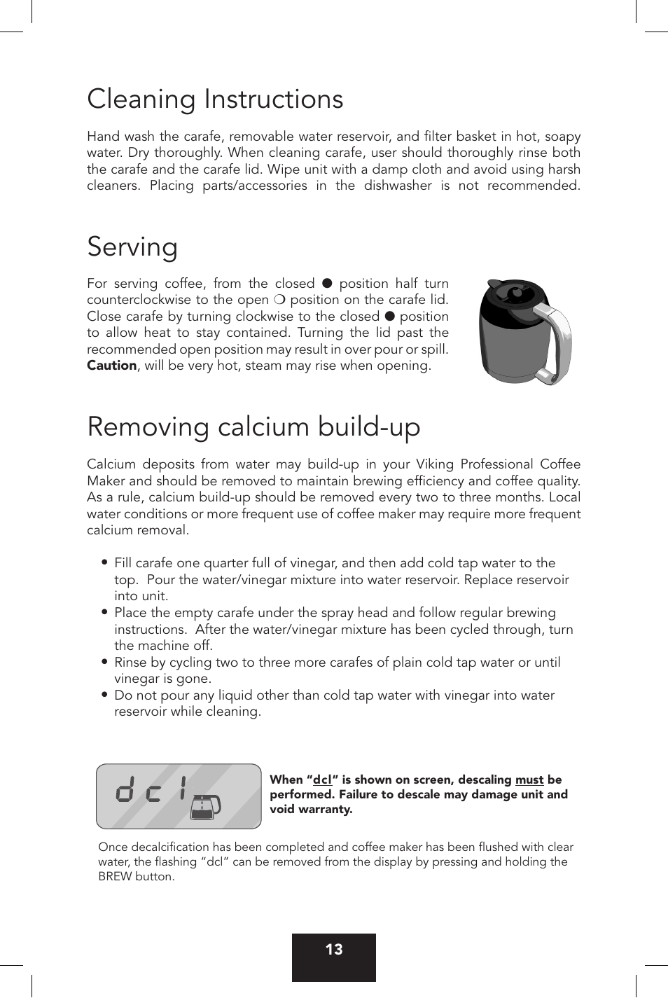 Cleaning instructions, Serving, Removing calcium build-up | Viking VCCM12 User Manual | Page 13 / 16