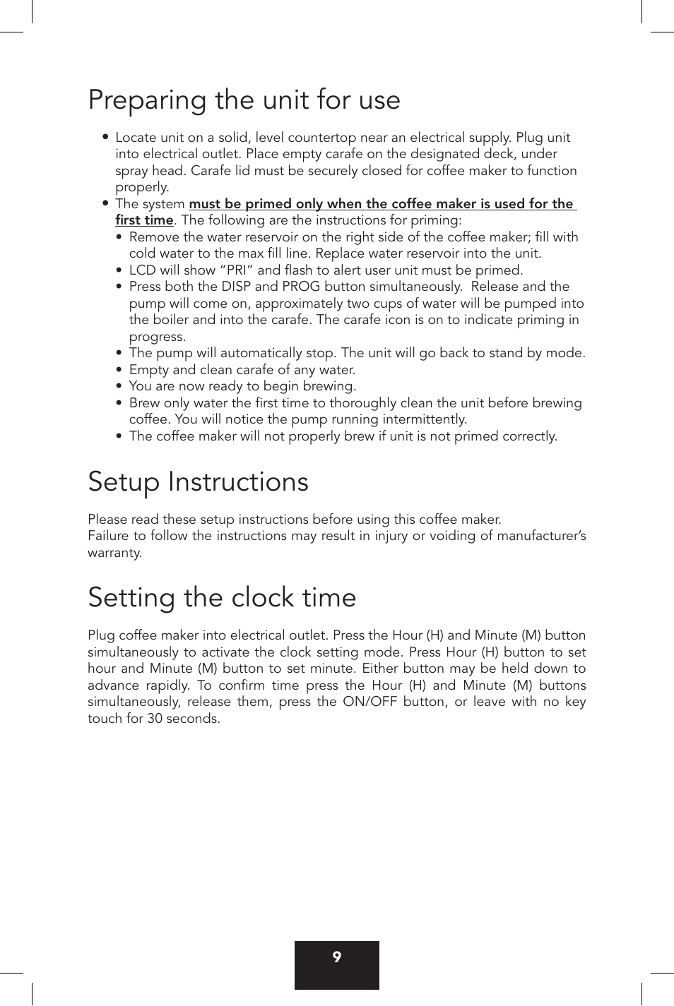 Preparing the unit for use, Setup instructions, Setting the clock time | Viking VCCM12 User Manual | Page 9 / 16